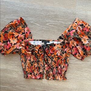 For Love And Lemons Orange Red Puff Sleeve Smocked Blouse